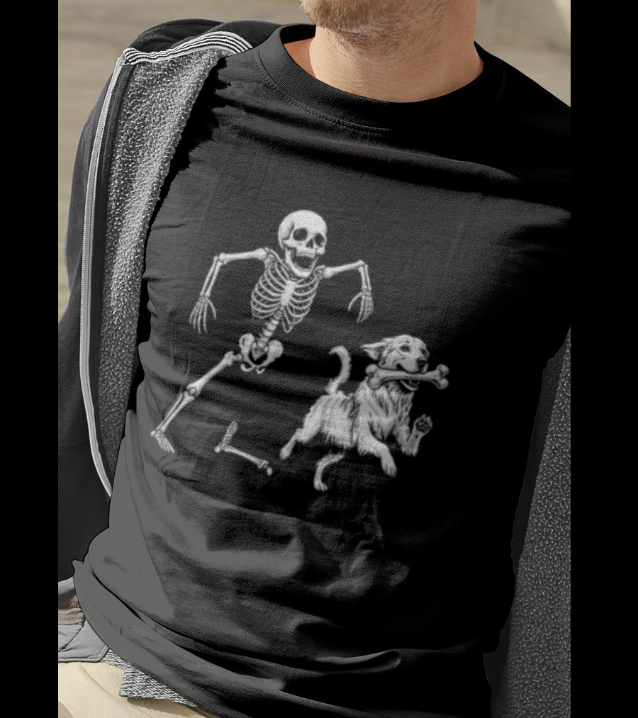 Skeleton Chasing Golden Retriever With Leg Bone T-Shirt