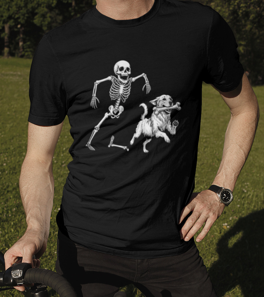 Skeleton Chasing Golden Retriever With Leg Bone T-Shirt