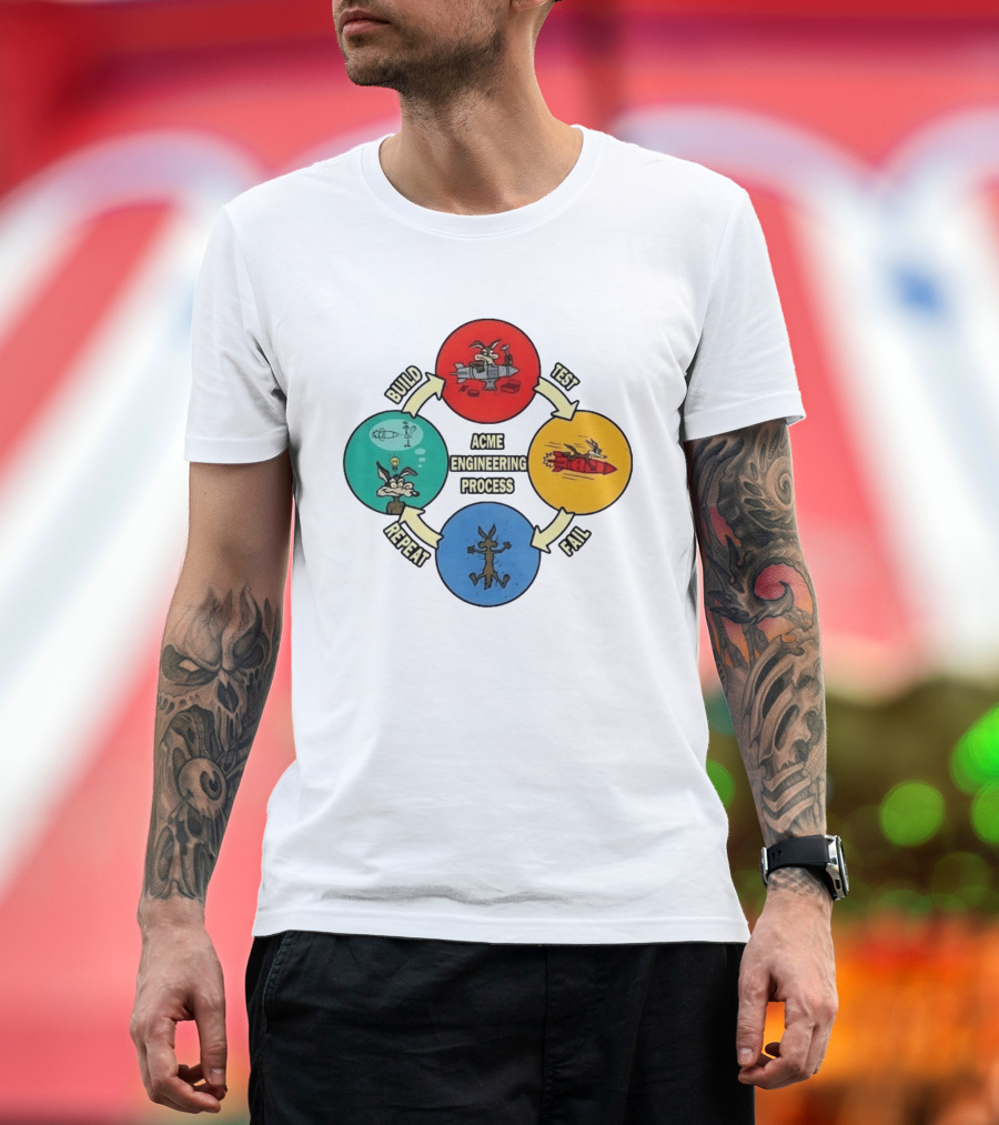 Wile E Coyote Acme Engineering Process Build Test Fail Repeat Cycle T-Shirt