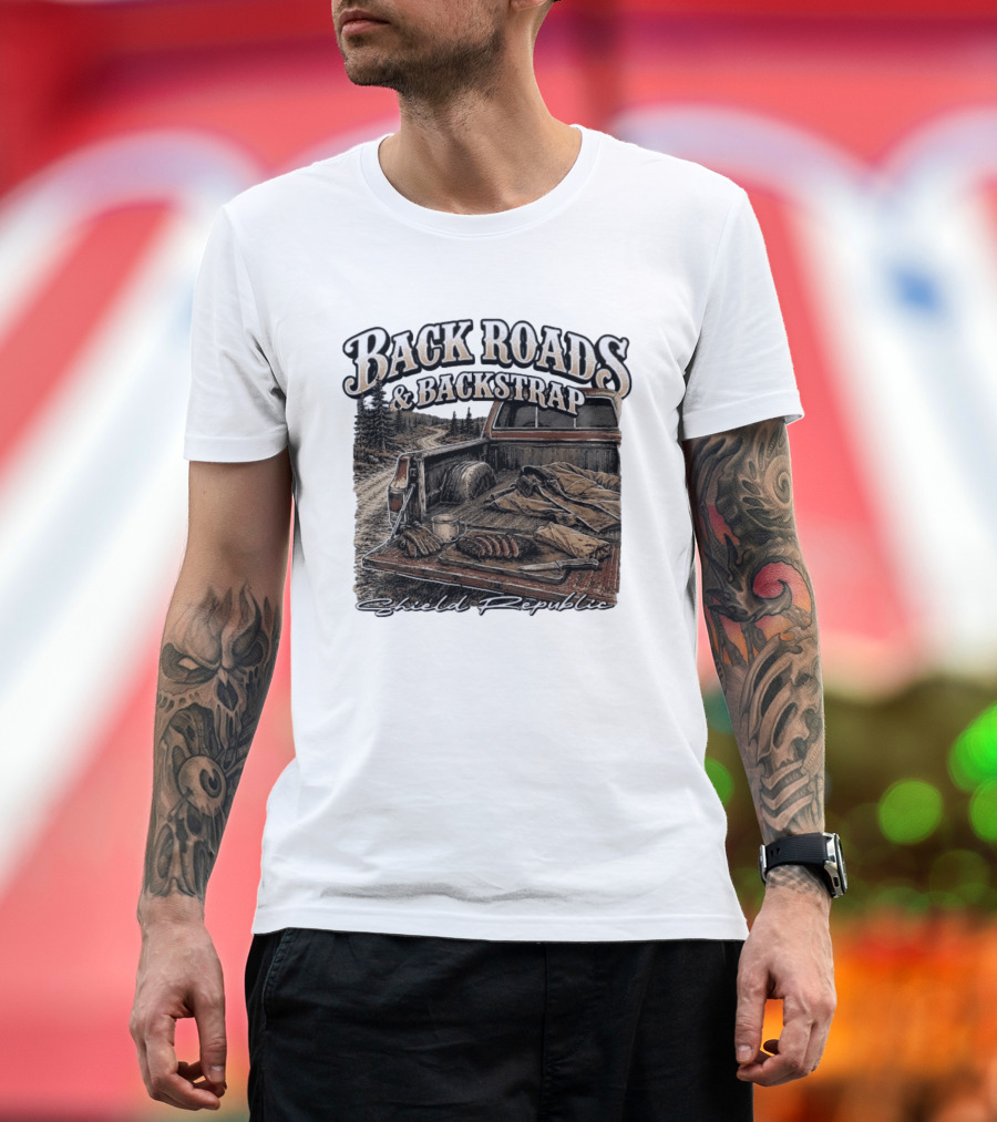 Back Roads & Backstrap Shield Republic Hunting Truck Scene T-Shirt