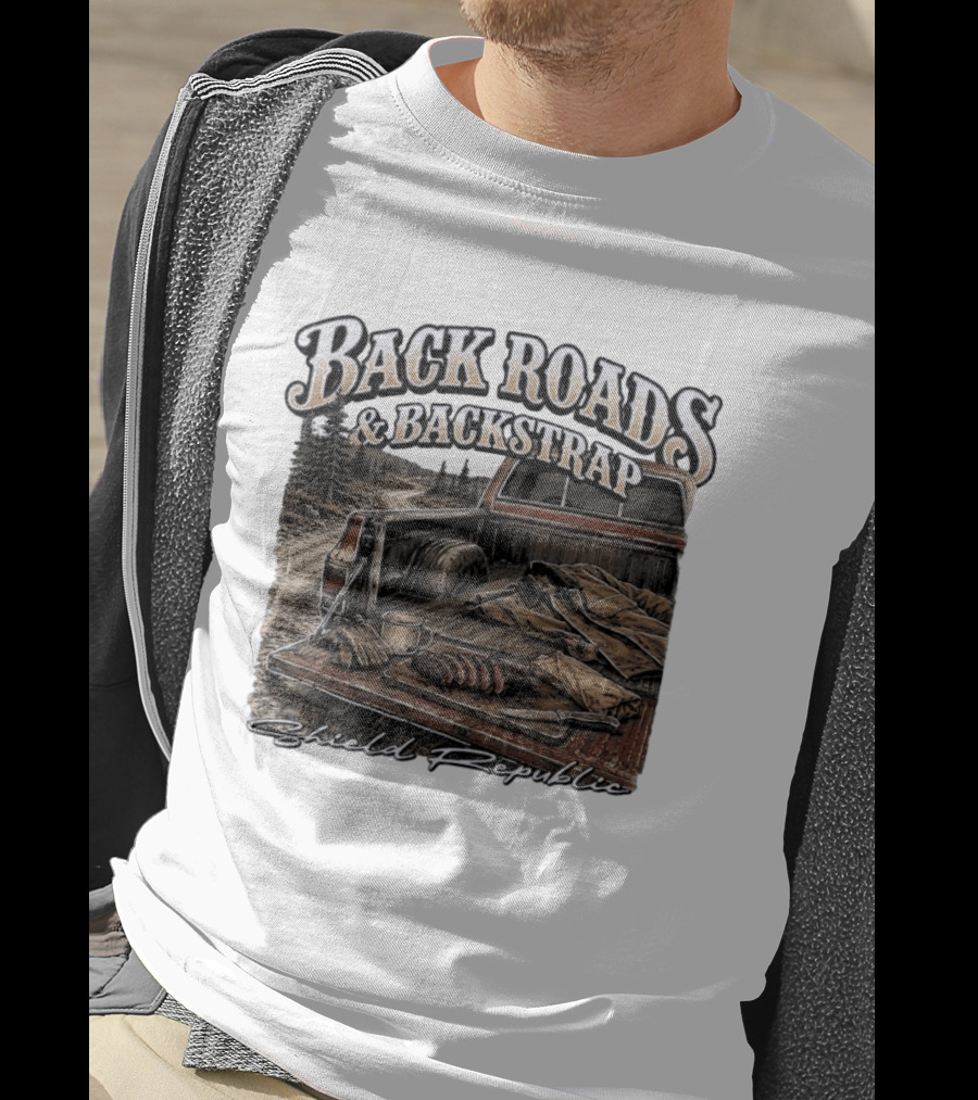 Back Roads & Backstrap Shield Republic Hunting Truck Scene T-Shirt