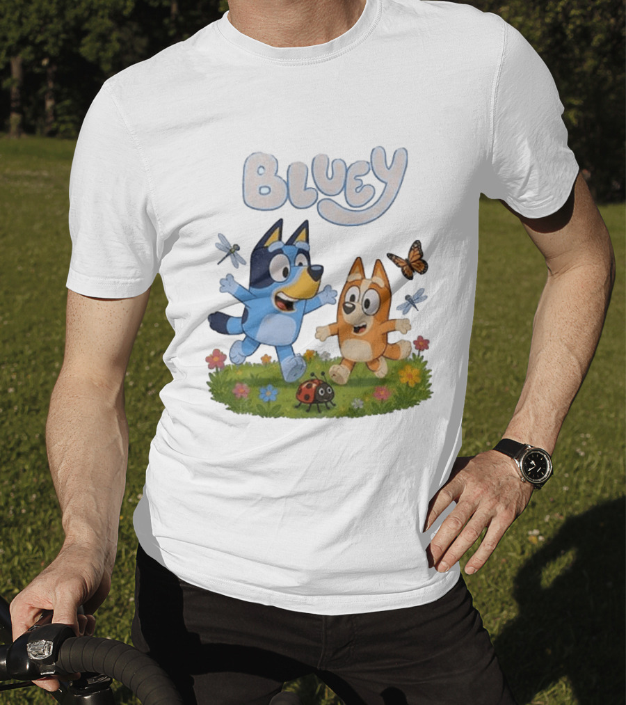 Bluey And Friends Playing With Bugs And Butterflies In The Meadow T-Shirt