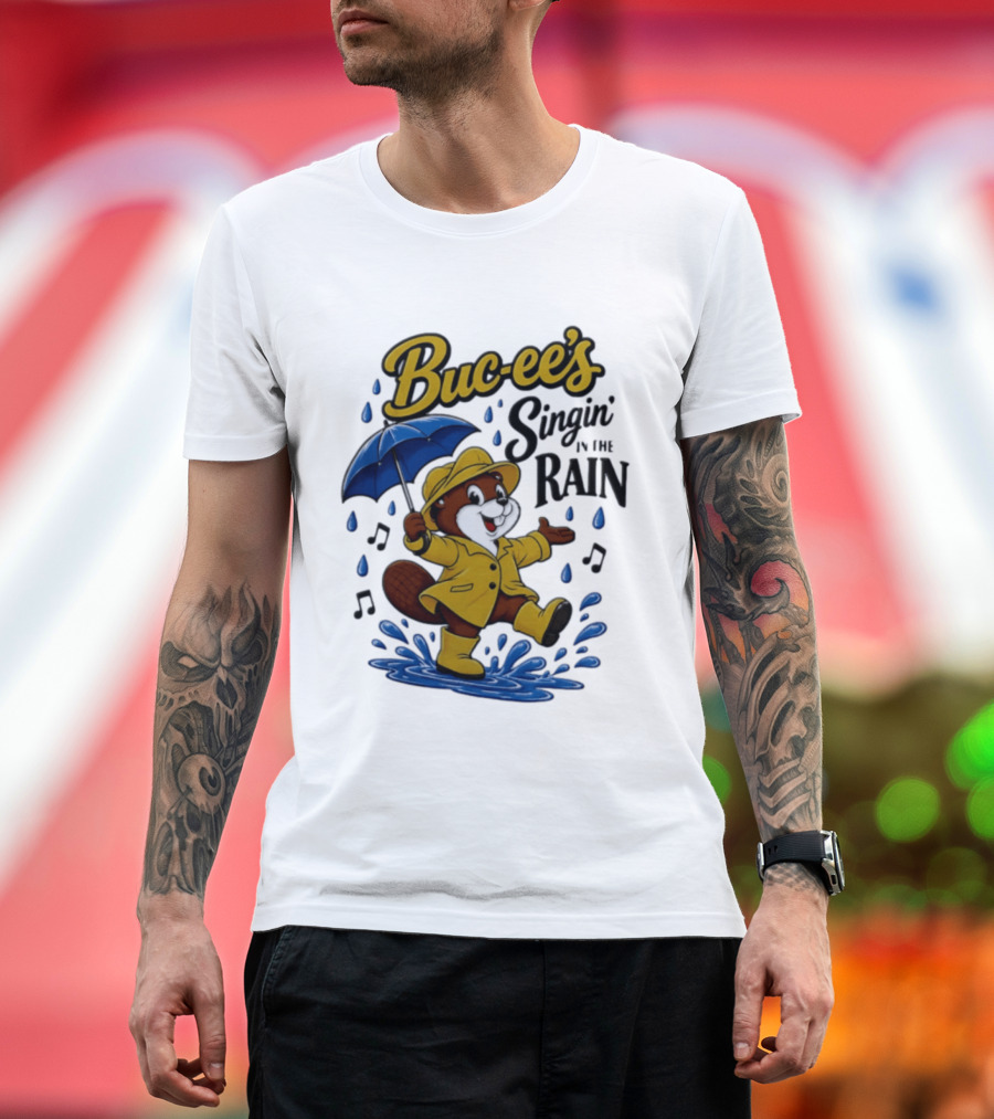 Buc Ee's Singin In The Rain Umbrella Beaver Cheerful Splash T-Shirt