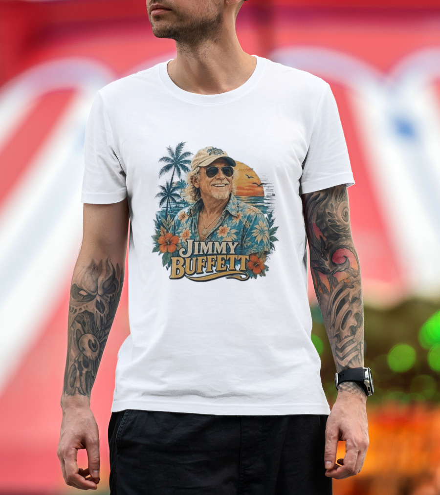 Jimmy Buffett Tropical Vibes Sunset And Palm Trees Floral T-Shirt