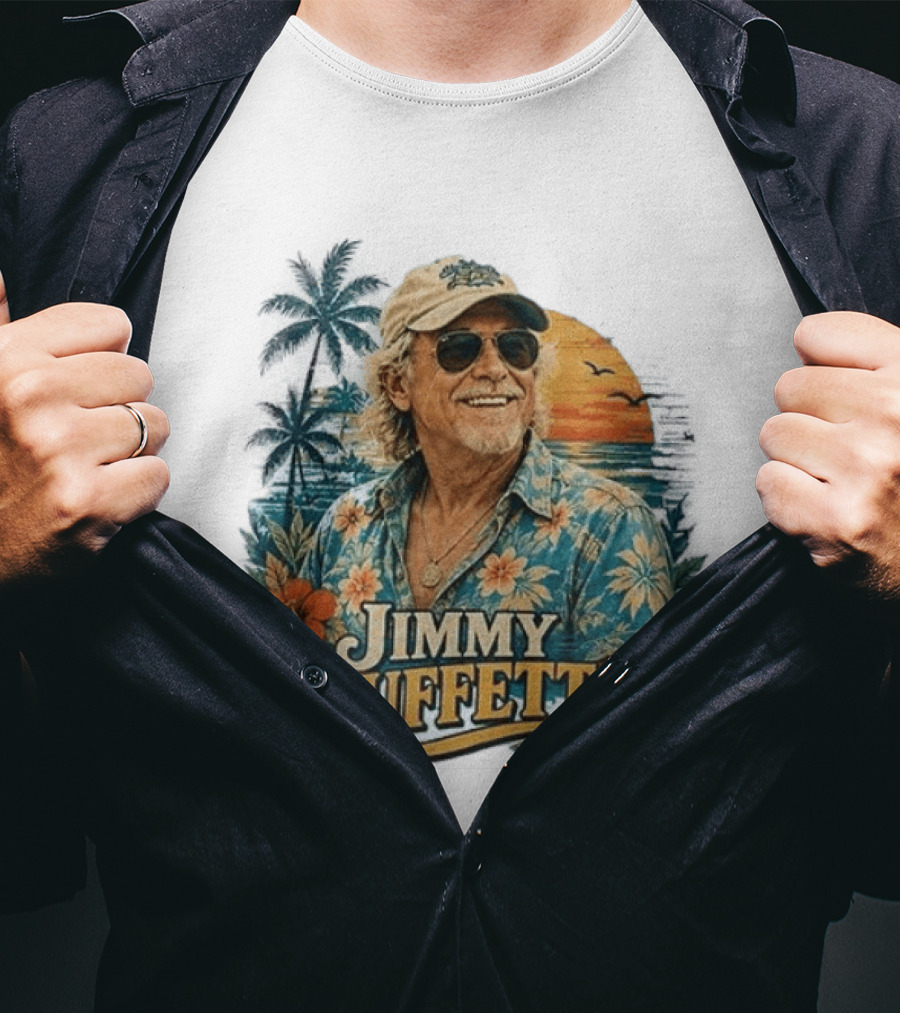 Jimmy Buffett Tropical Vibes Sunset And Palm Trees Floral T-Shirt