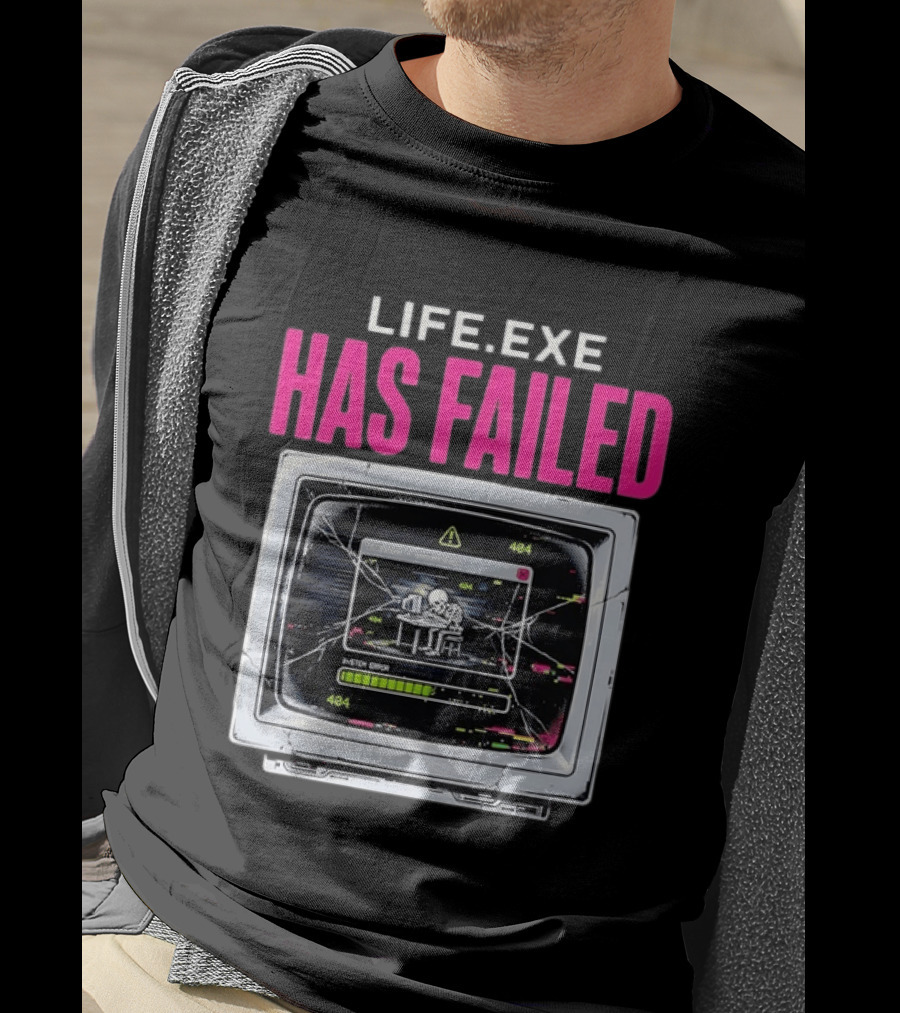Lifeexe Has Failed System Error 404 Skeleton Computer Retro Monitor T-Shirt