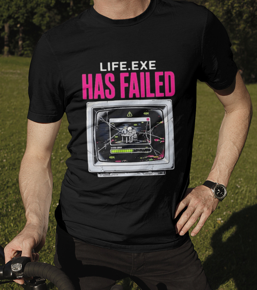 Lifeexe Has Failed System Error 404 Skeleton Computer Retro Monitor T-Shirt