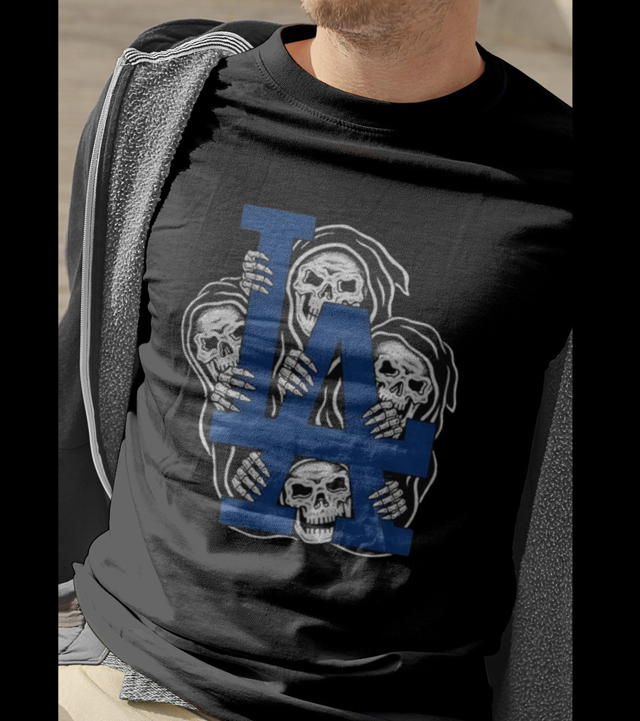 Skeletons Behind LA Dodgers Blue T-Shirt