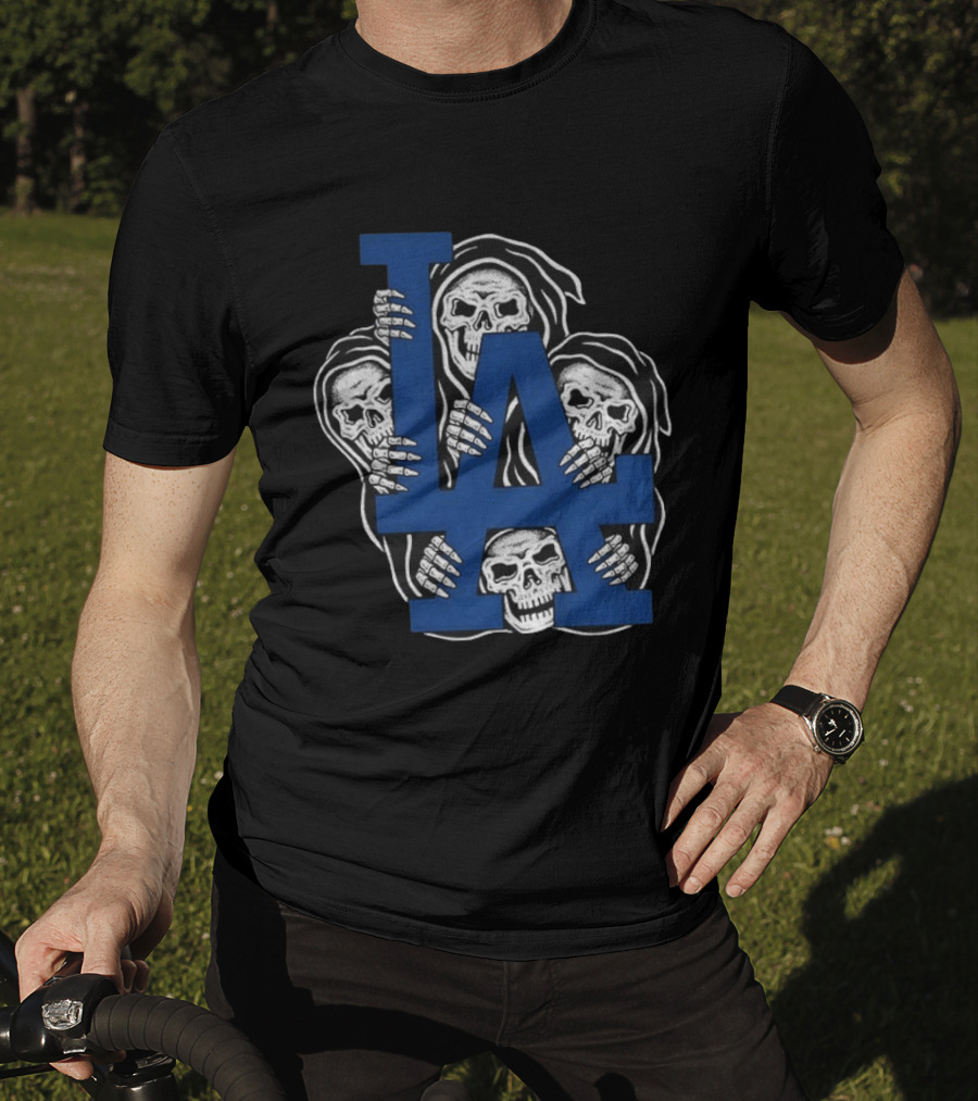 Skeletons Behind LA Dodgers Blue T-Shirt