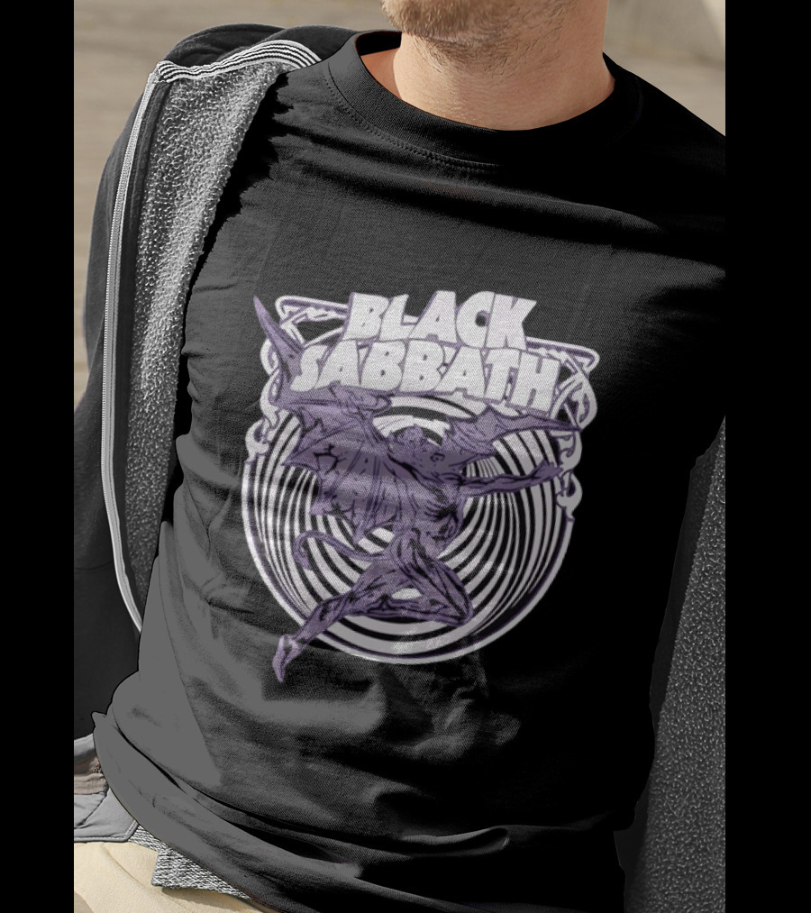 Black Sabbath Flying Devil With Striped Background Iconic Heavy Metal T-Shirt