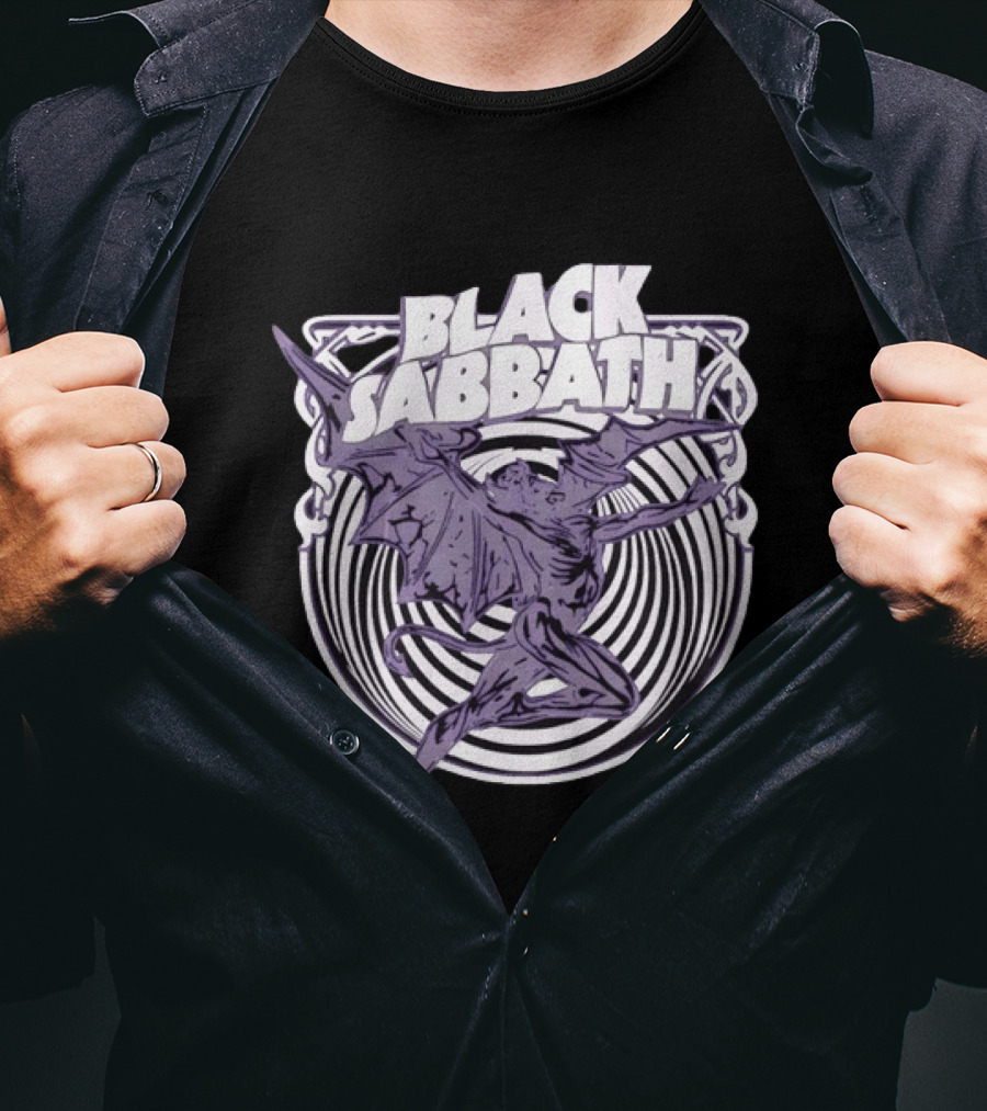 Black Sabbath Flying Devil With Striped Background Iconic Heavy Metal T-Shirt