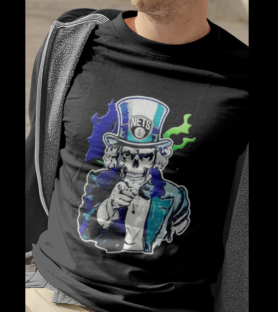 Brooklyn Nets Skeleton Uncle Sam Top Hat Pointing Stripes T-Shirt