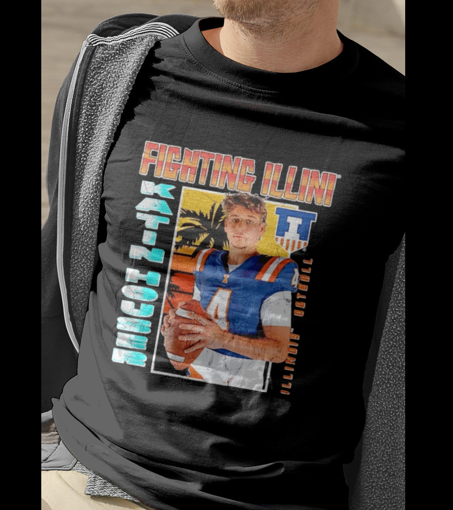 Fighting Illini Katin Houser Illinois Football Distressed Palm Tree T-Shirt