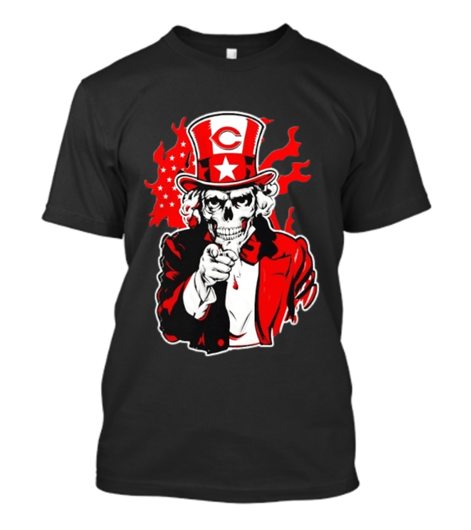 Cincinnati Reds Skeleton Uncle Sam Pointing US Flag Flames T-Shirt