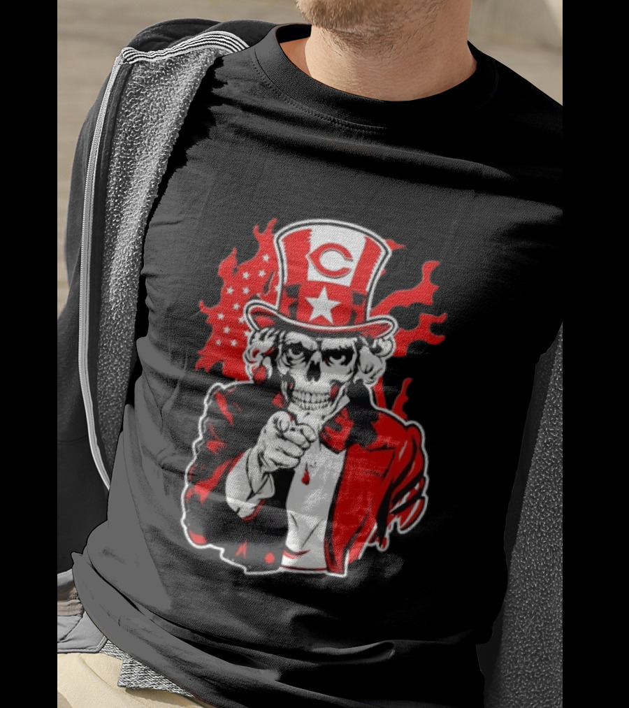 Cincinnati Reds Skeleton Uncle Sam Pointing US Flag Flames T-Shirt