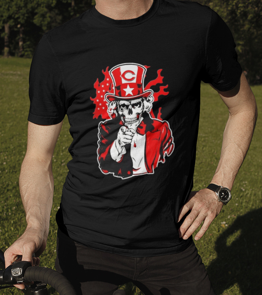 Cincinnati Reds Skeleton Uncle Sam Pointing US Flag Flames T-Shirt