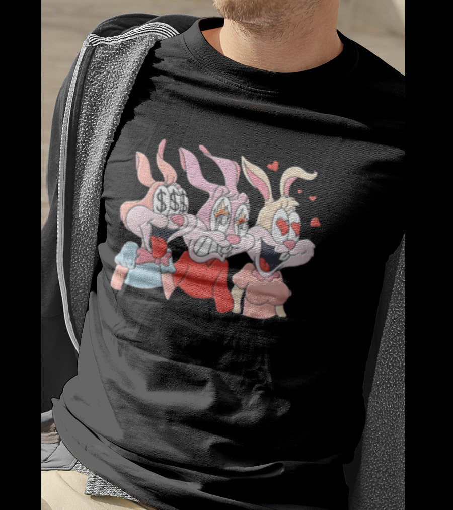Three Cartoon Female Rabbits Dollar Signs Fire Heart Eyes Expressions T-Shirt