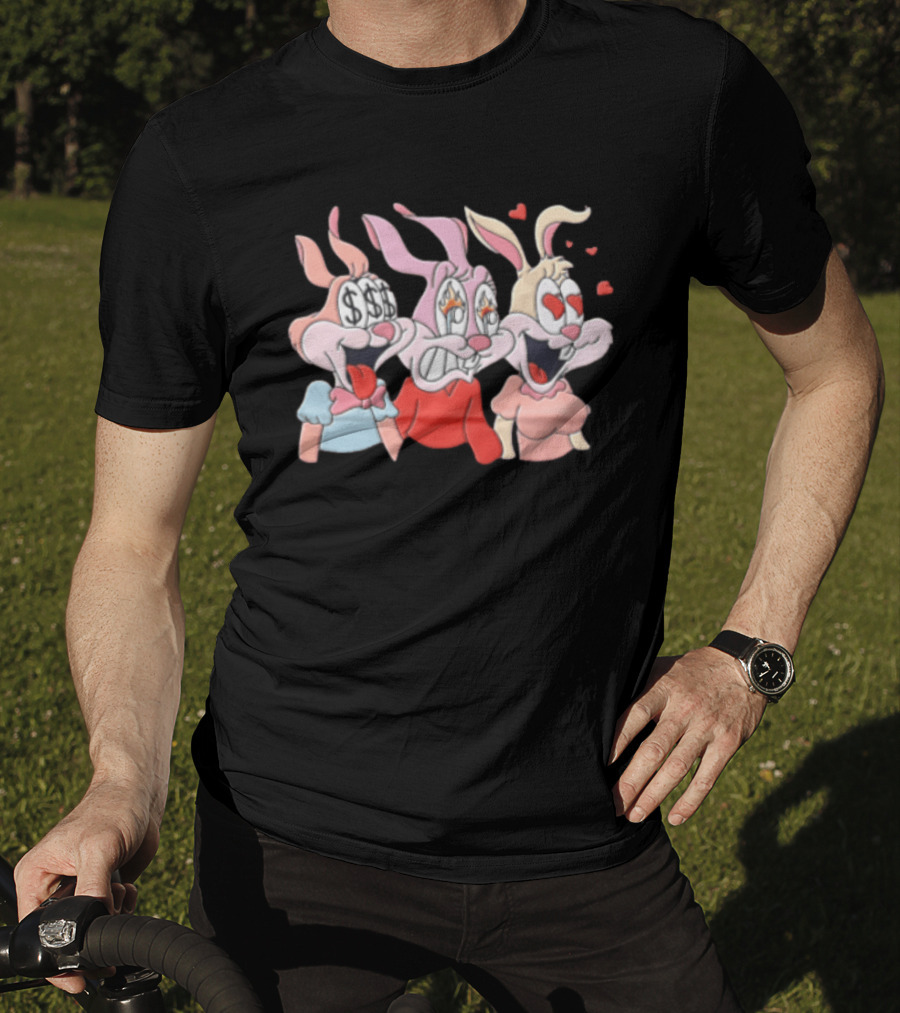Three Cartoon Female Rabbits Dollar Signs Fire Heart Eyes Expressions T-Shirt