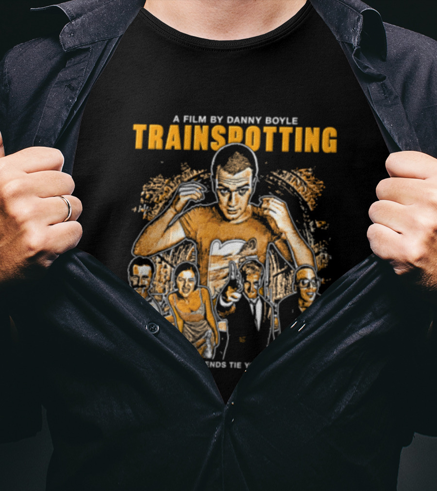 A Film By Danny Boyle Trainspotting Never Let Your Friends Tie You To The Tracks Halftone Cast Group T-Shirt