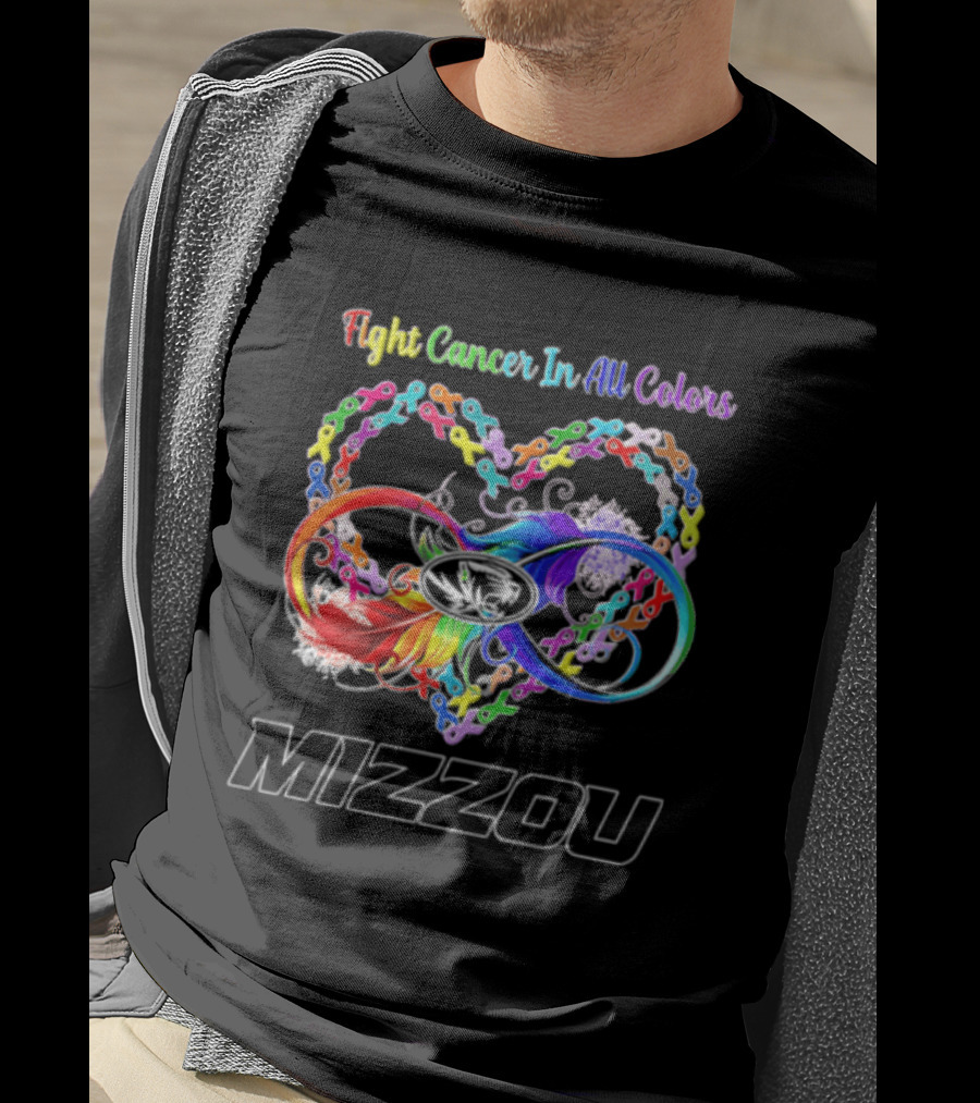 Mizzou Fight Cancer In All Colors Heart Infinity Ribbon Rainbow Feather T-Shirt