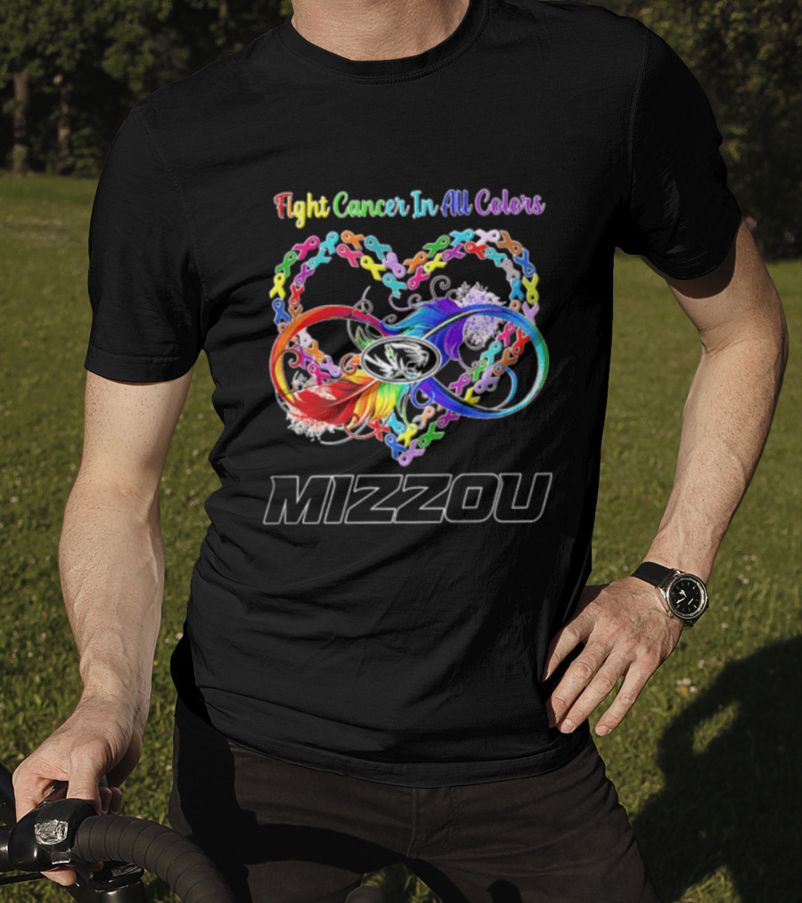 Mizzou Fight Cancer In All Colors Heart Infinity Ribbon Rainbow Feather T-Shirt