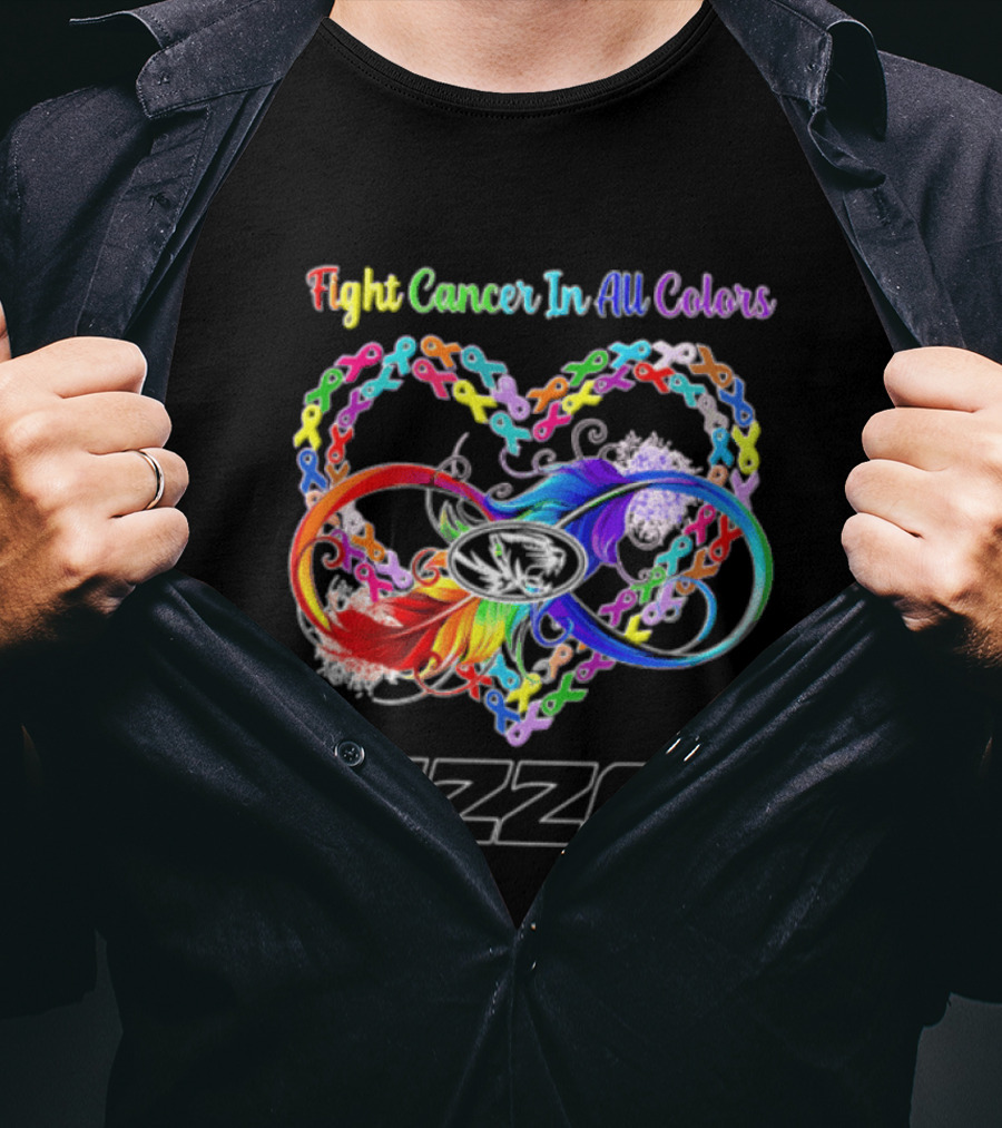 Mizzou Fight Cancer In All Colors Heart Infinity Ribbon Rainbow Feather T-Shirt