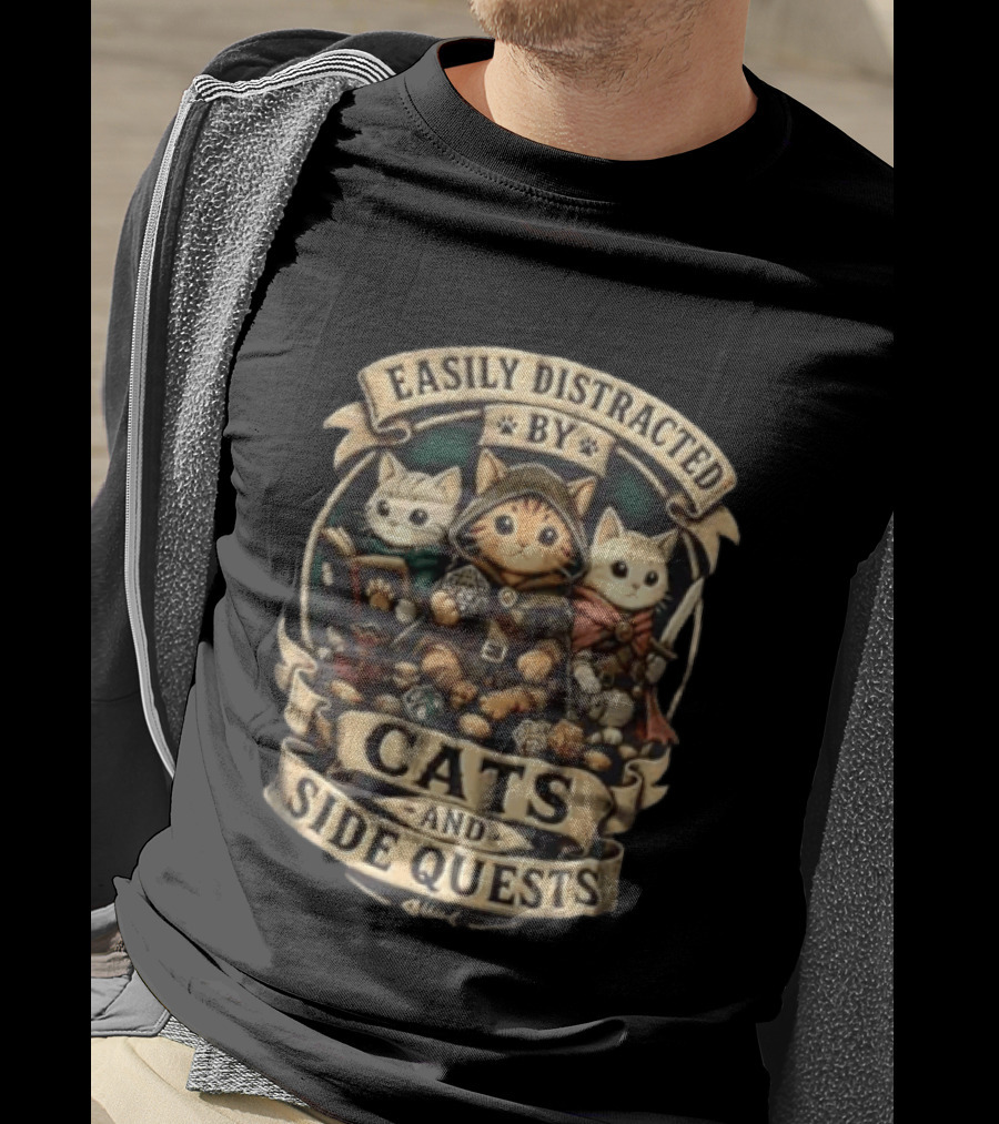 Easily Distracted By Cats And Side Quests Fantasy Adventure Cats T-Shirt