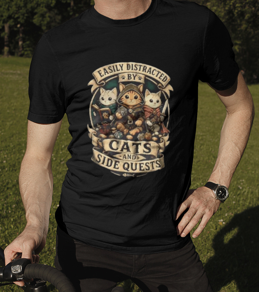 Easily Distracted By Cats And Side Quests Fantasy Adventure Cats T-Shirt
