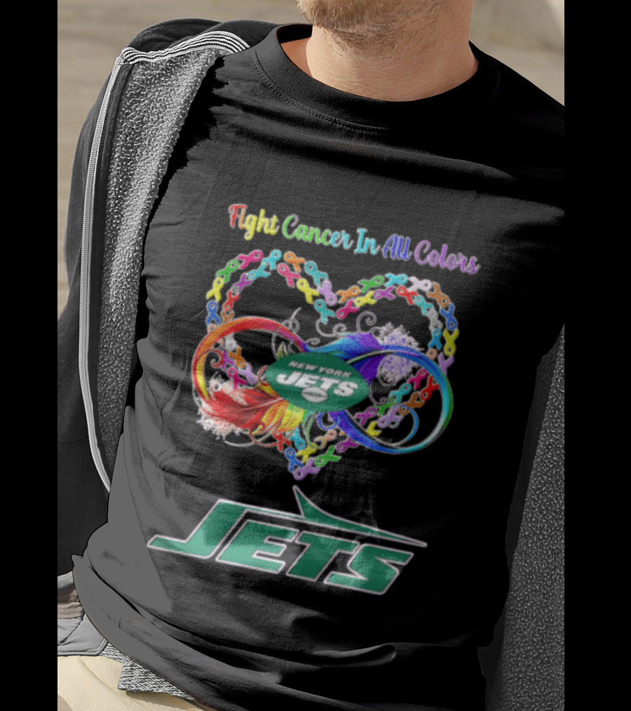 New York Jets Fight Cancer Rainbow Ribbons Infinity Heart Feather T-Shirt