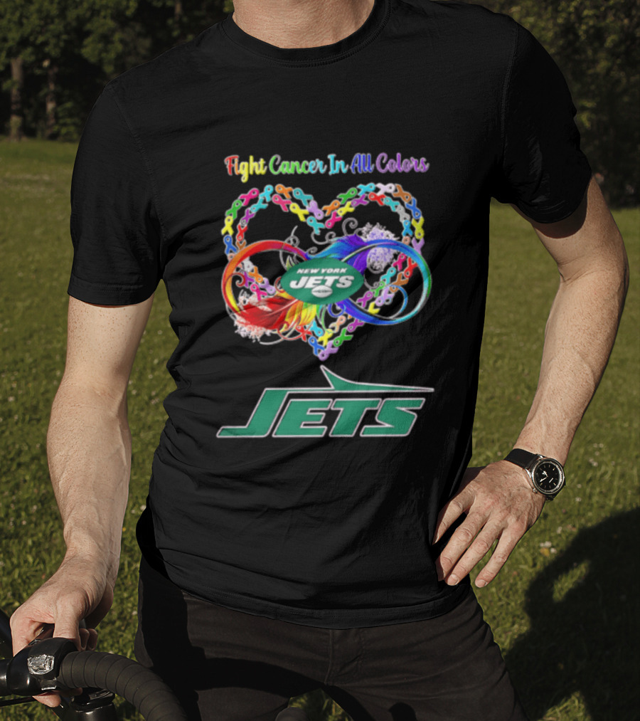 New York Jets Fight Cancer Rainbow Ribbons Infinity Heart Feather T-Shirt