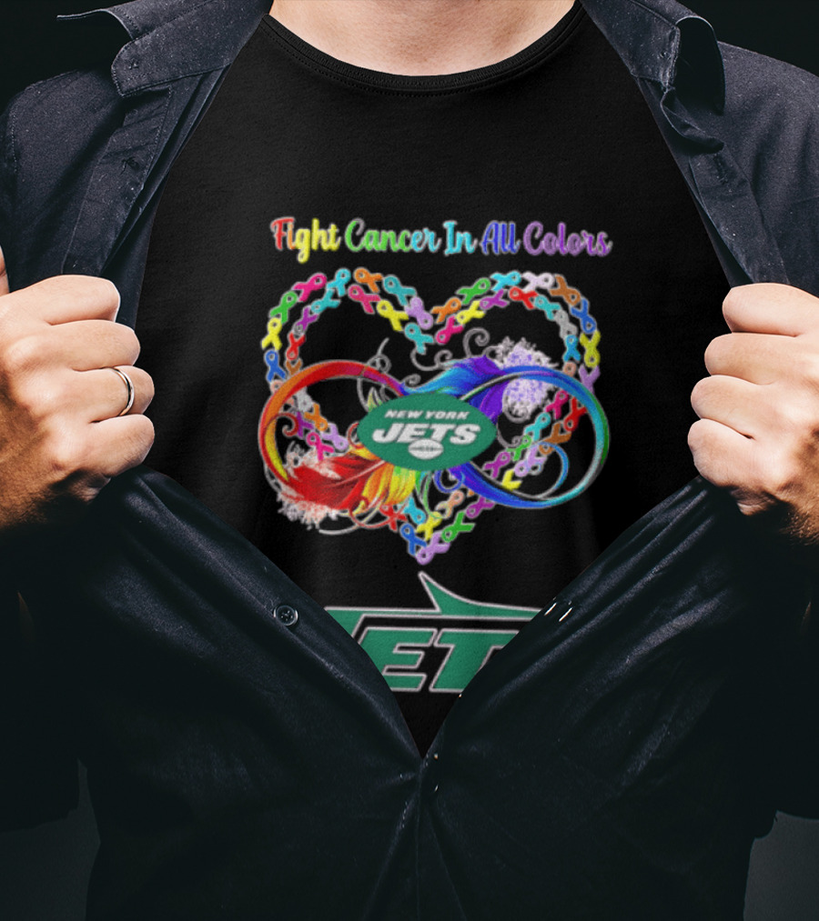 New York Jets Fight Cancer Rainbow Ribbons Infinity Heart Feather T-Shirt