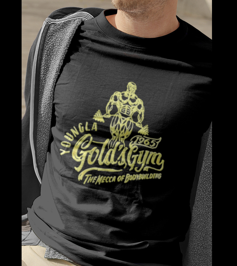 Youngla Golds Gym 1965 The Mecca Of Bodybuilding Muscular Man Holding Barbell T-Shirt