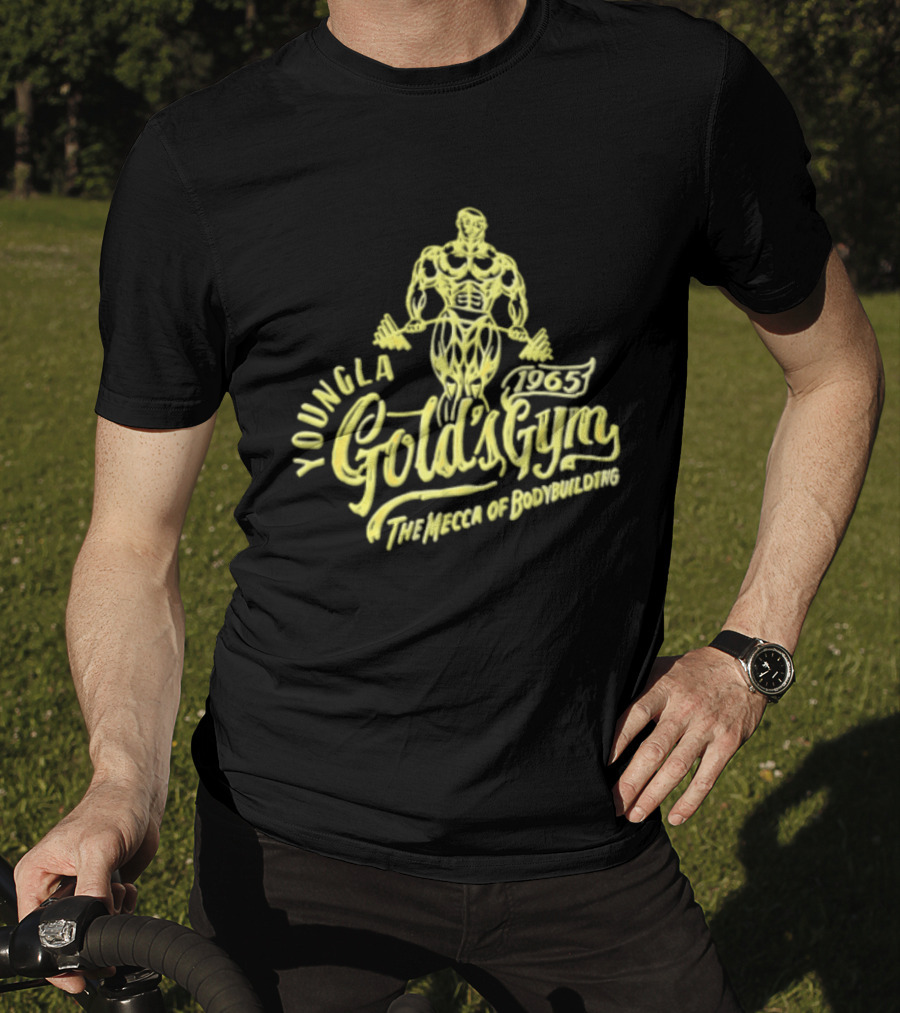 Youngla Golds Gym 1965 The Mecca Of Bodybuilding Muscular Man Holding Barbell T-Shirt