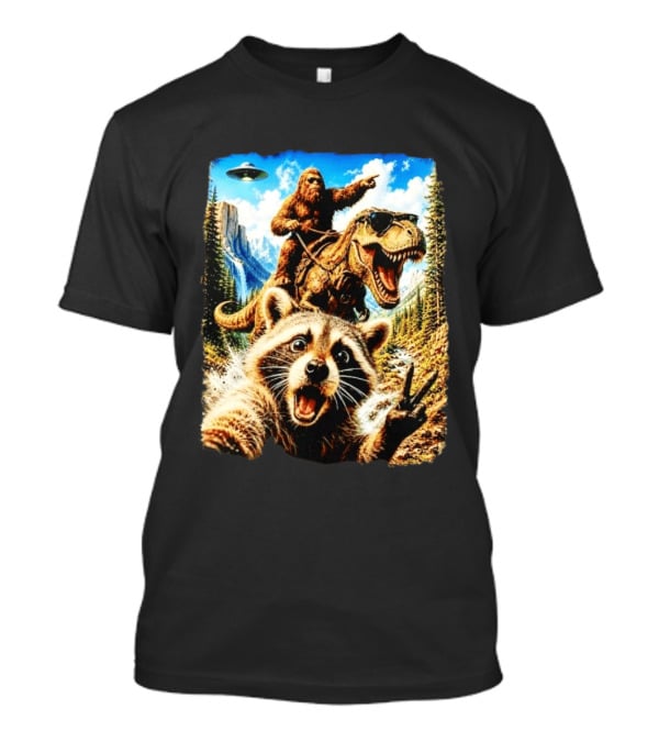 Raccoon Selfie Bigfoot Rex Adventure With UFO And Mountains T-Shirt