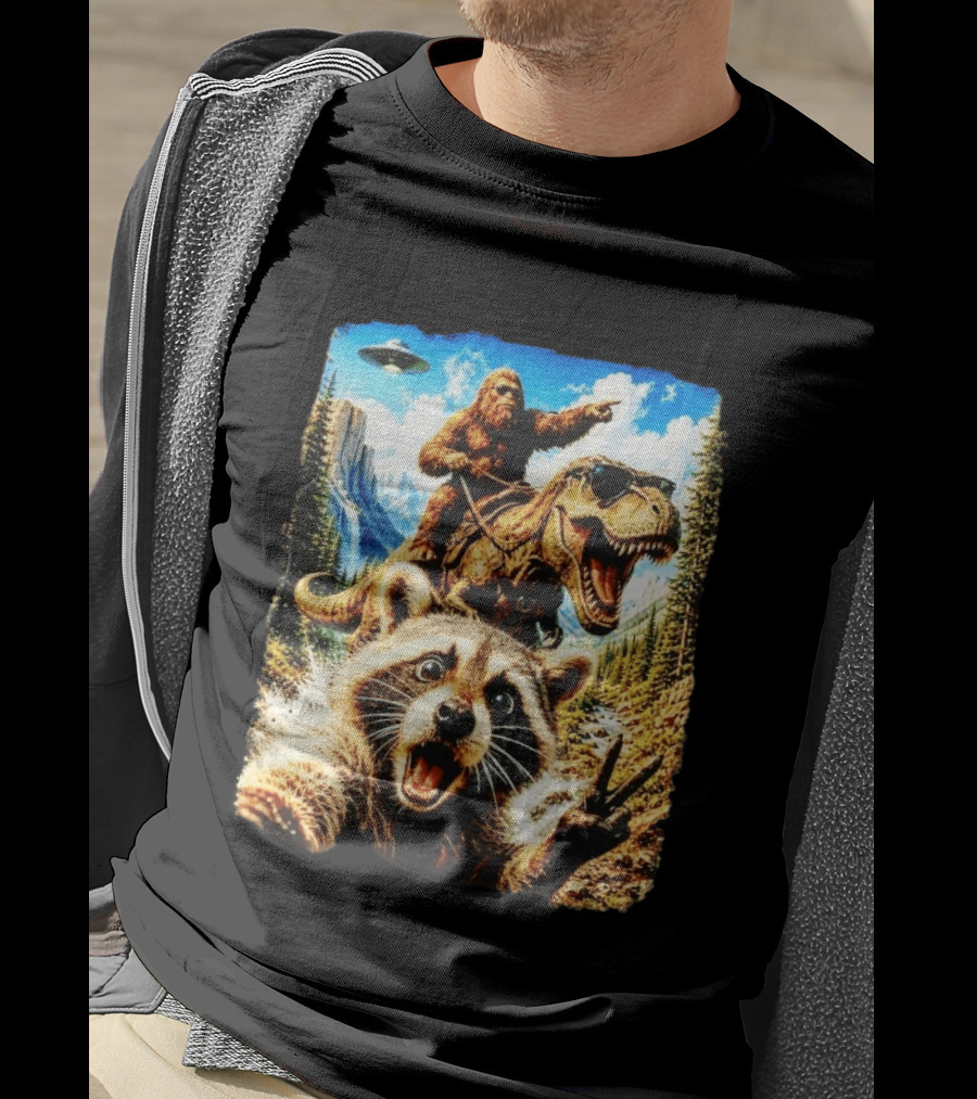 Raccoon Selfie Bigfoot Rex Adventure With UFO And Mountains T-Shirt