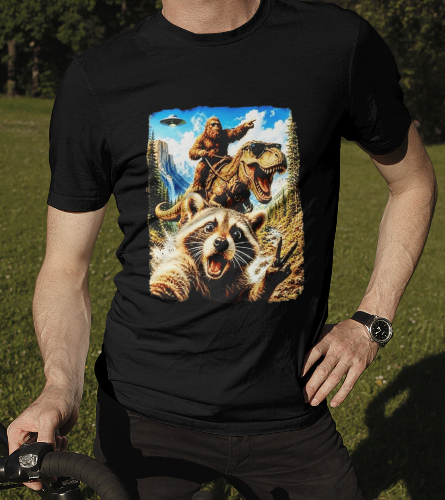 Raccoon Selfie Bigfoot Rex Adventure With UFO And Mountains T-Shirt