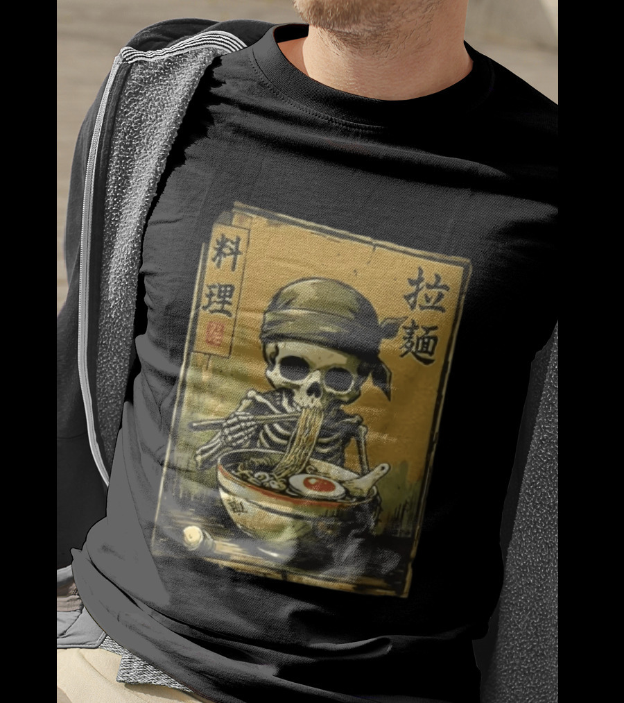 Skeleton Ramen Eating Kanji Cooking Noodles T-Shirt