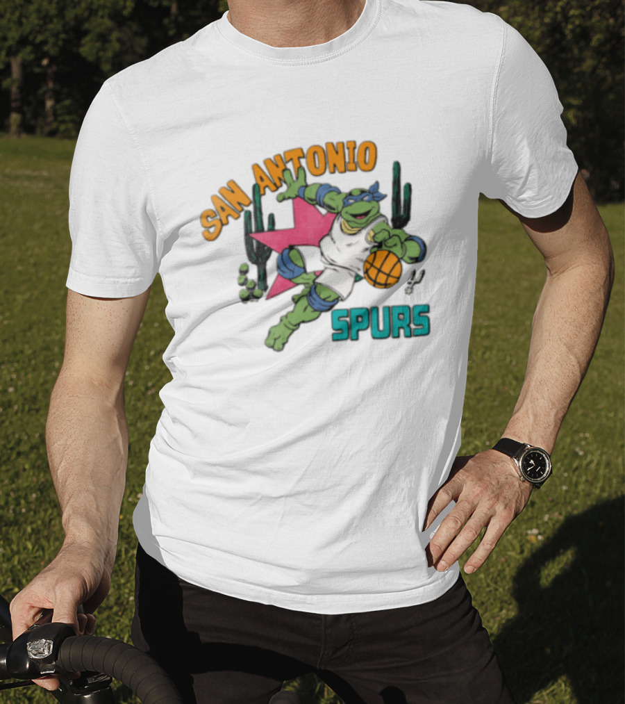 San Antonio Spurs Cartoon Turtle Dribbling Basketball Cacti T-Shirt