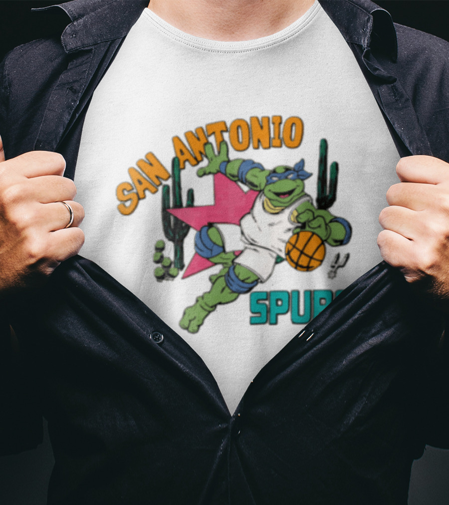 San Antonio Spurs Cartoon Turtle Dribbling Basketball Cacti T-Shirt