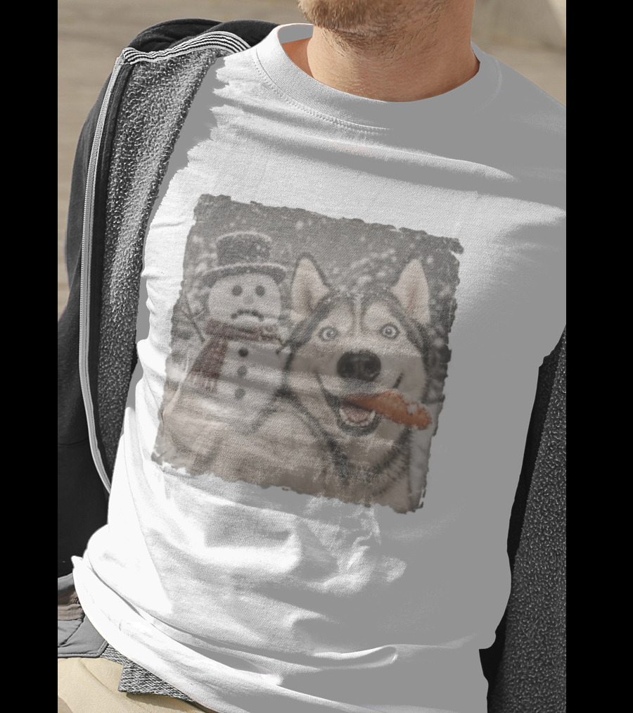 A Sled Dog With A Carrot And A Sad Snowman In A Snowy Winter Scene T-Shirt