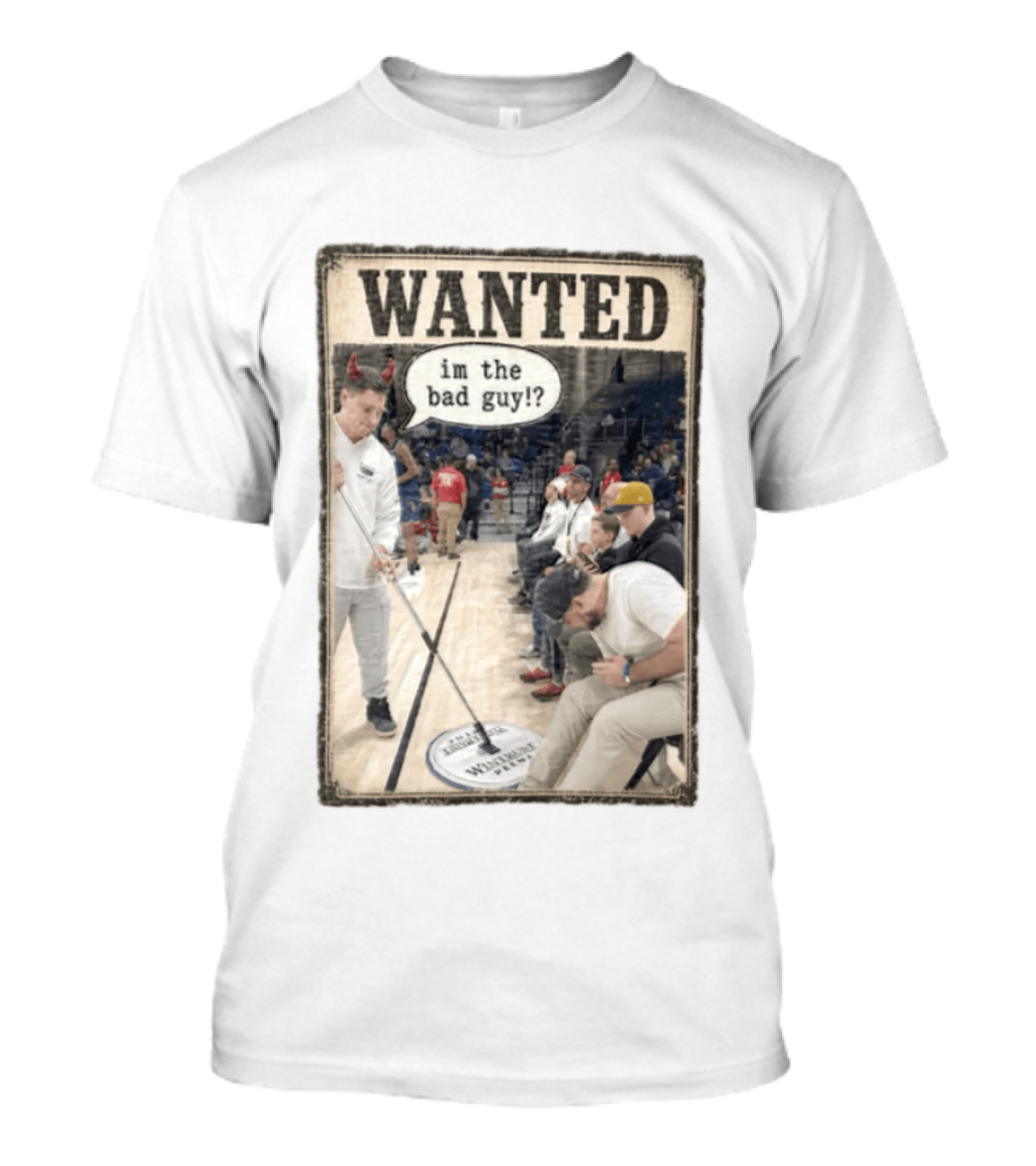Wanted Im The Bad Guy Wintrust Arena Man Sweeping Floor Devil Horns T-Shirt