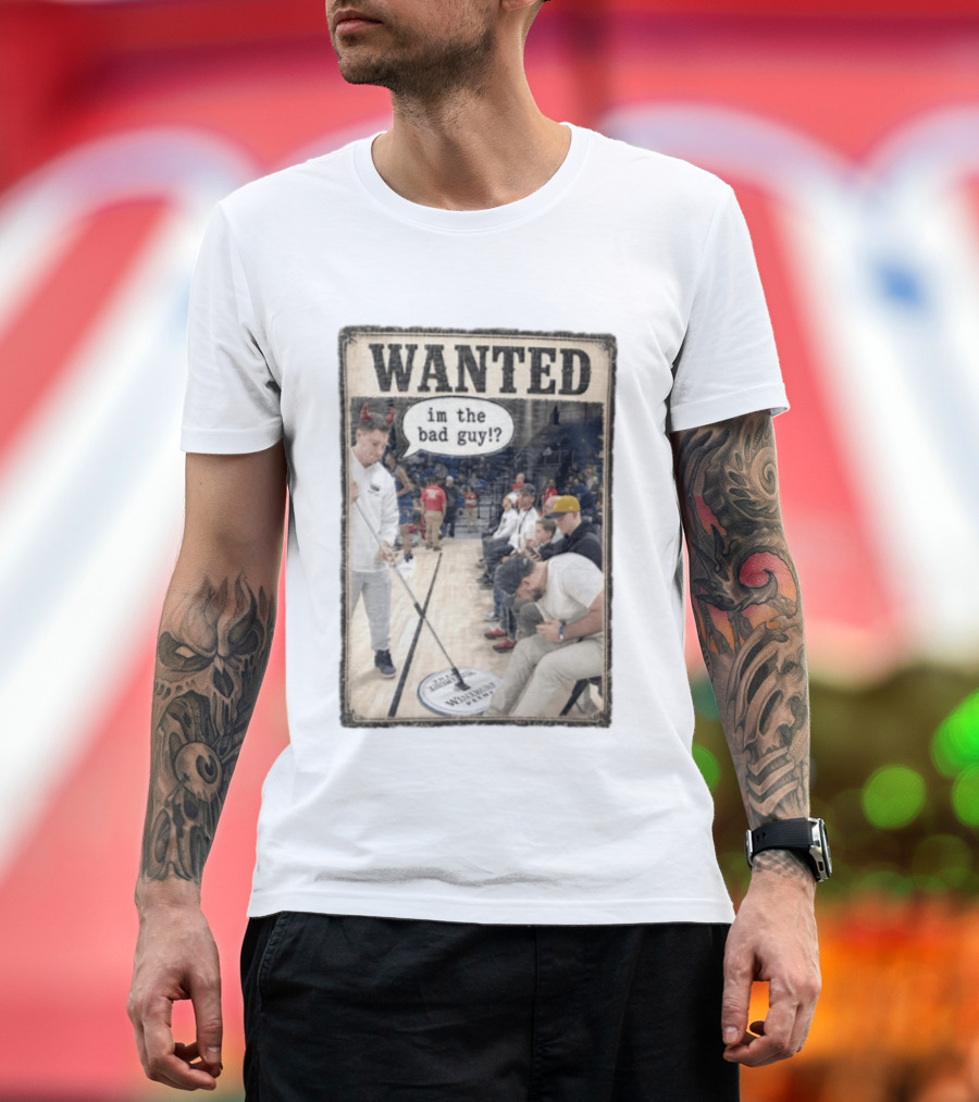 Wanted Im The Bad Guy Wintrust Arena Man Sweeping Floor Devil Horns T-Shirt
