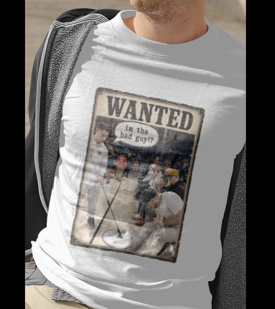 Wanted Im The Bad Guy Wintrust Arena Man Sweeping Floor Devil Horns T-Shirt