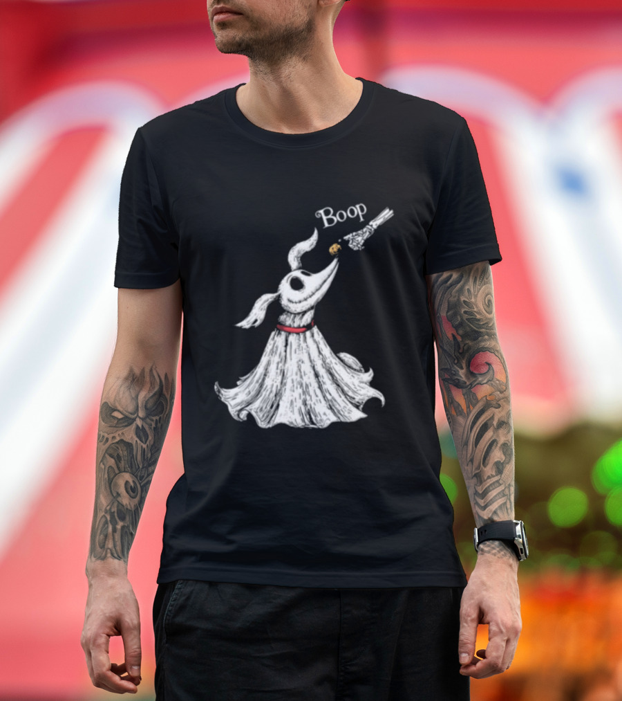 Boop Skeletal Hand Touching Pumpkin Nose With Ghostly Dog Line Sketch T-Shirt