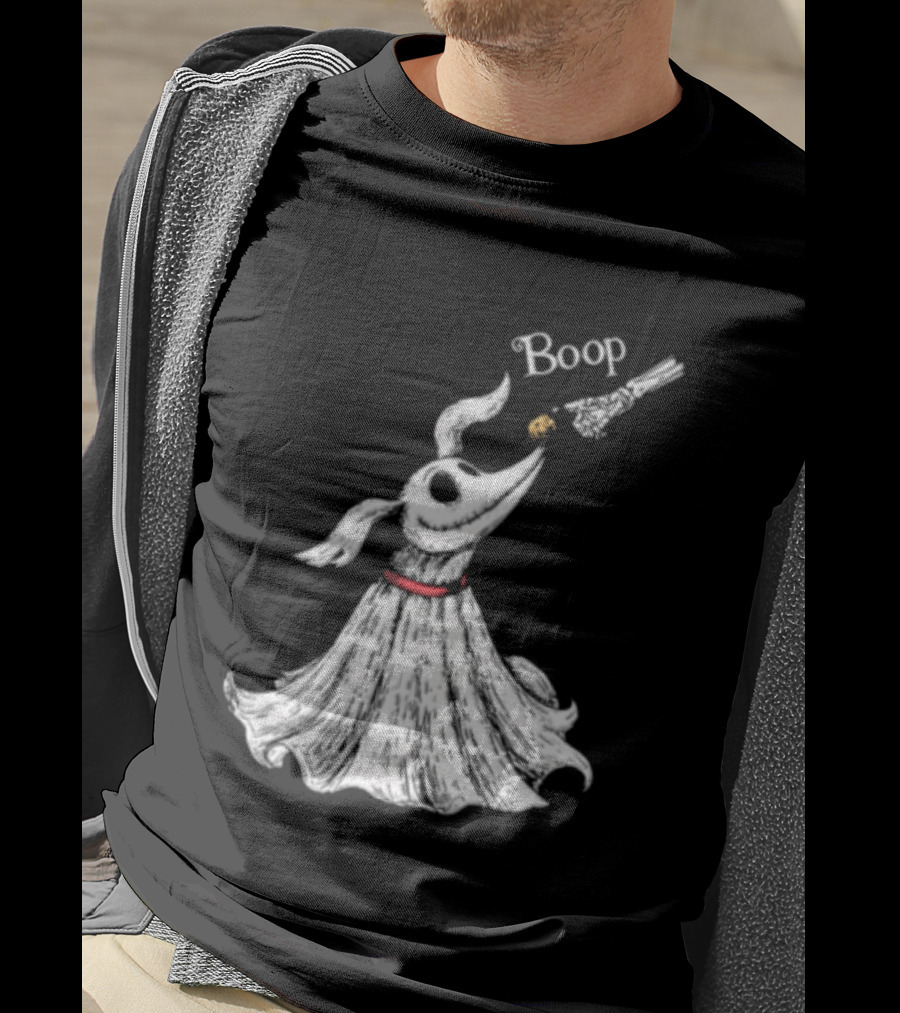 Boop Skeletal Hand Touching Pumpkin Nose With Ghostly Dog Line Sketch T-Shirt