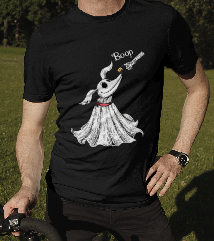 Boop Skeletal Hand Touching Pumpkin Nose With Ghostly Dog Line Sketch T-Shirt