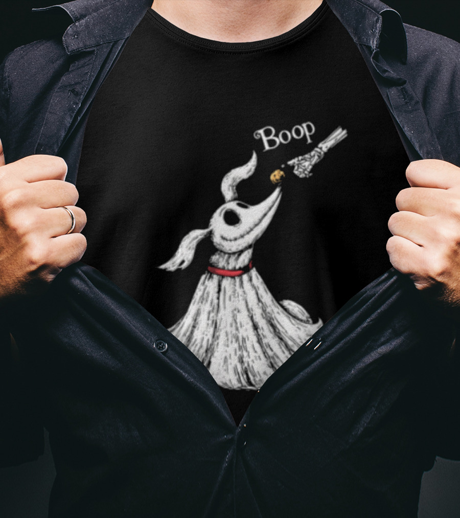 Boop Skeletal Hand Touching Pumpkin Nose With Ghostly Dog Line Sketch T-Shirt