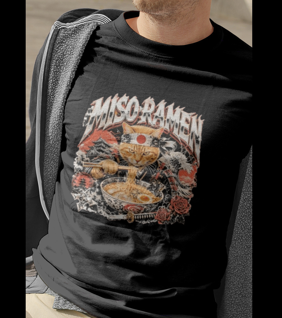 Miso Ramen Samurai Cat Japanese Foodie Bowls Japan Culture T-Shirt