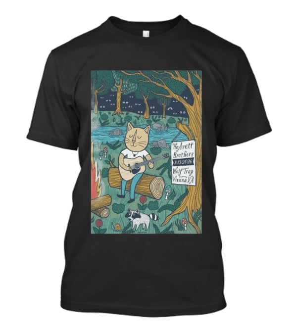 The Avett Brothers Wolf Trap Vienna Virginia 2026 Concert Cat Playing Guitar In Forest Scene T-Shirt