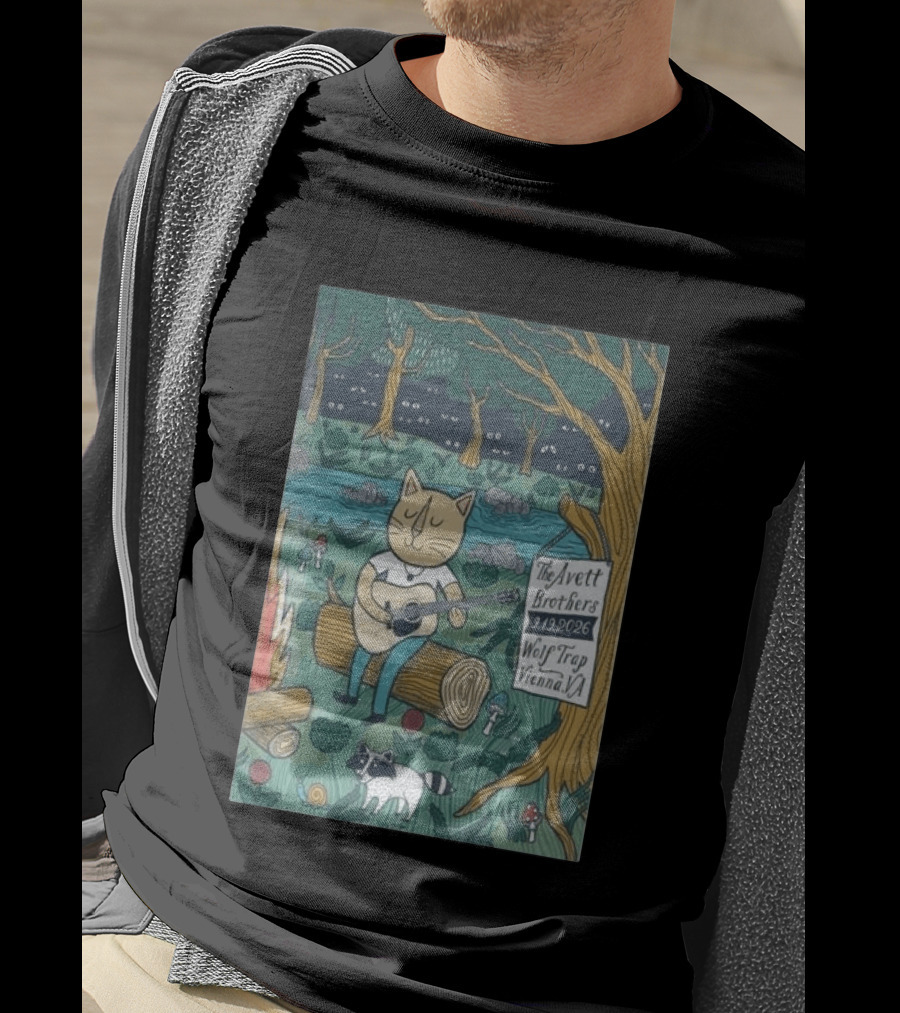 The Avett Brothers Wolf Trap Vienna Virginia 2026 Concert Cat Playing Guitar In Forest Scene T-Shirt